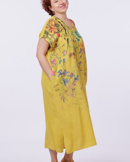 Rochie lunga din in cu imprimeu pictural floral si funda pe spate