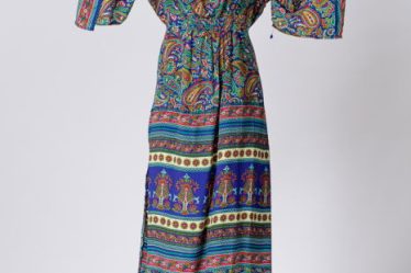 Rochie lunga din matase indiana cu maneca ampla si imprimeu arabesque albastru-verde