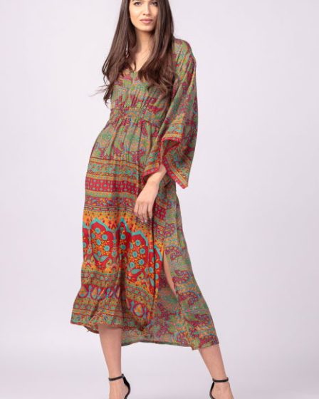 Rochie lunga din matase indiana cu maneca ampla si imprimeu arabesque rosu-verde