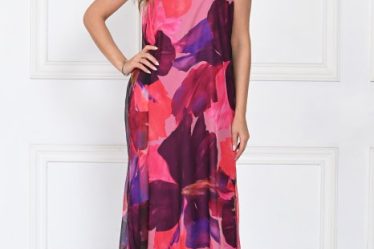 Rochie lunga eleganta din matase A-line cu imprimeu abstract multicolor roz fucsia bordo