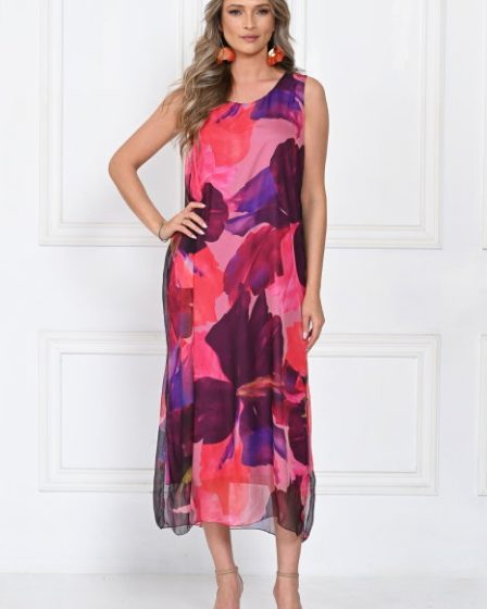 Rochie lunga eleganta din matase A-line cu imprimeu abstract multicolor roz fucsia bordo