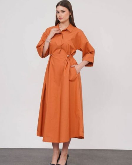 Rochie lunga tip camasa din poplin satinat de bumbac