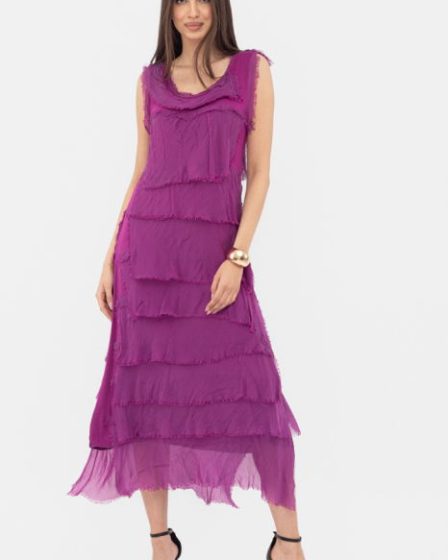 Rochie magenta din matase si vascoza cu  volane franjurate suprapuse