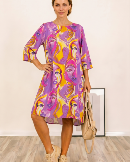 Rochie midi A-line din vascoza cu imprimeu chipuri stilizate