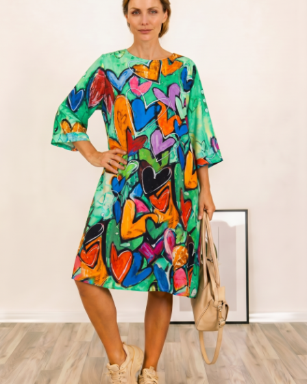 Rochie midi A-line din vascoza cu imprimeu inimi pe fond verde
