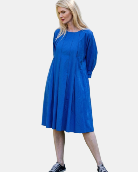 Rochie midi albastra cu pliuri in fata si spate