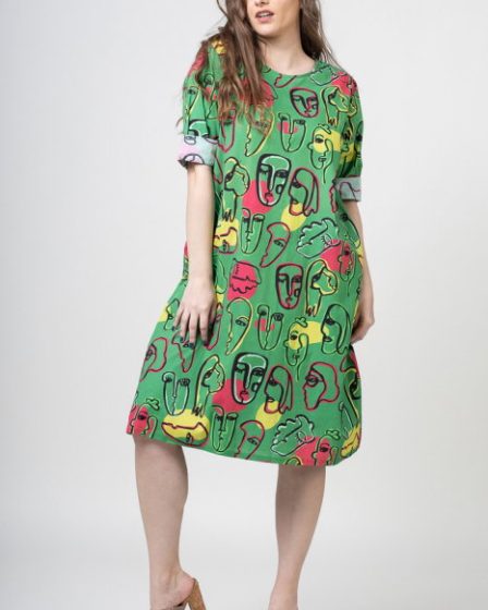 Rochie midi din bumbac cu imprimeu chipuri pe fond verde