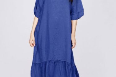 Rochie midi din in albastru electric cu volane din matase si funda pe sapte