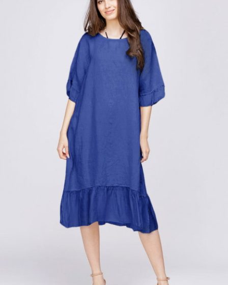 Rochie midi din in albastru electric cu volane din matase si funda pe sapte