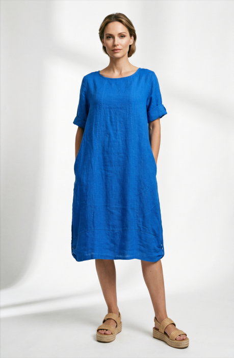 Rochie midi din in cu croiala lejera si prinderi laterale