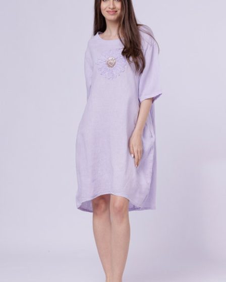 Rochie midi din in cu floare din paiete pe piept