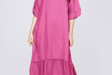Rochie midi din in fucsia cu volane din matase si funda pe spate