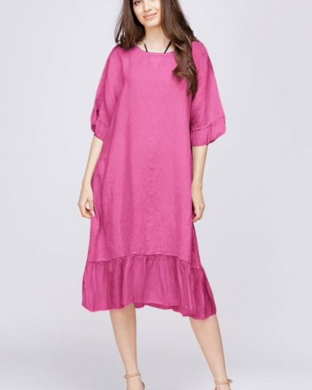 Rochie midi din in fucsia cu volane din matase si funda pe spate