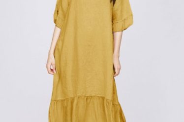 Rochie midi din in galbena cu volane din matase si funda pe spate