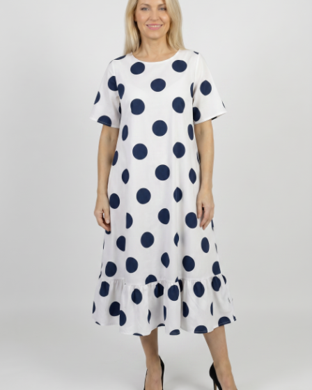 Rochie midi lejera cu volan si imprimeu buline alb-bleumarin