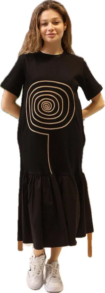 Rochie neagra din jerseu cu aplicatie aurie Lollipop si volan de poplin de bumbac