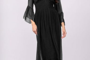 Rochie neagra din matase si vascoza cu banda elastica in talie si volane