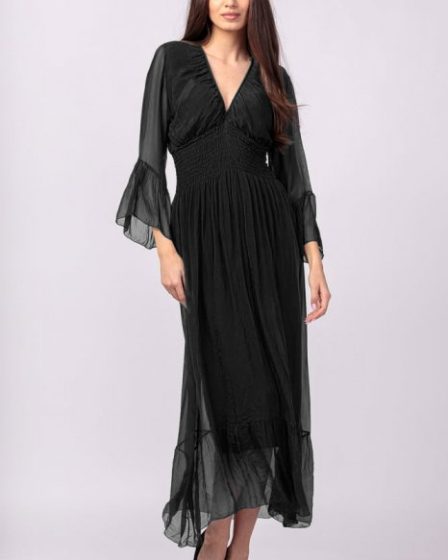 Rochie neagra din matase si vascoza cu banda elastica in talie si volane