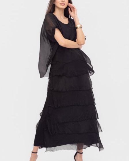 Rochie neagra din matase si vascoza cu  volane franjurate suprapuse