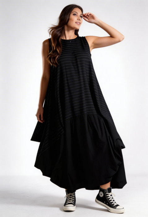 Rochie neagra in colturi cu dungi fine oversized cu volum arhitectural