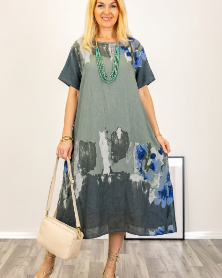 Rochie oversize din in cu imprimeu abstract pe fond kaki