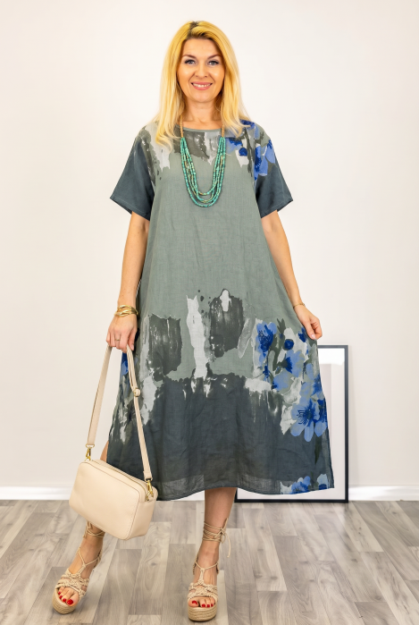 Rochie oversize din in cu imprimeu abstract pe fond kaki