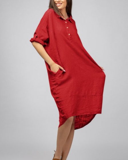 Rochie rosie din in Stella Milani cu inel metalic pe spate