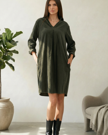 Rochie scurta tip camasa din catifea reiata verde