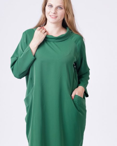 Rochie scurta verde cu guler intors si buzunare
