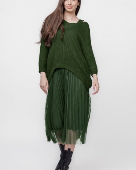 Rochie suprapusa cu puloveras cu maneca lunga si tulle plisat