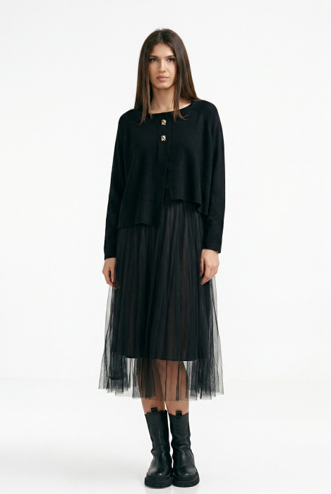 Rochie suprapusa din tulle  cu puloveras cu nasturi metalici neagra