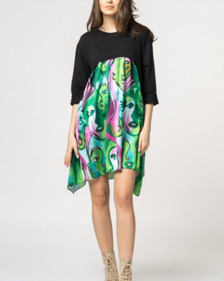 Rochie trendy cu imprimeu chipuri predominant verde