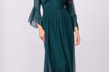 Rochie turcoaz din matase si vascoza cu banda elastica in talie si volane