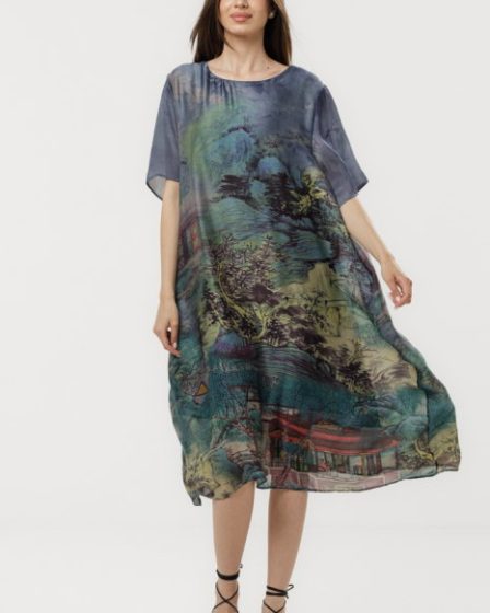 Rochie turcoaz eleganta satinata A-line cu croiala lejera si imprimeu pictural