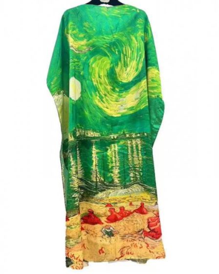 Rochie verde de plaja lunga tip poncho din matase cu reproducere dupa    Noapte Instelata deasupra Rhonului   de Claude Monet