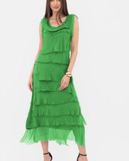 Rochie verde din matase si vascoza cu  volane franjurate suprapuse