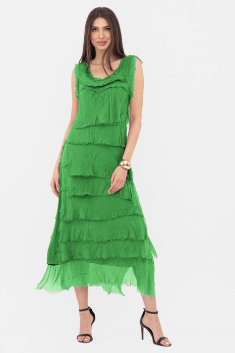 Rochie verde din matase si vascoza cu  volane franjurate suprapuse