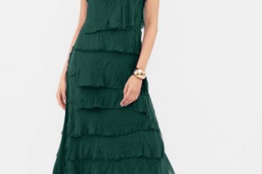 Rochie verde inchis din matase si vascoza cu  volane franjurate suprapuse