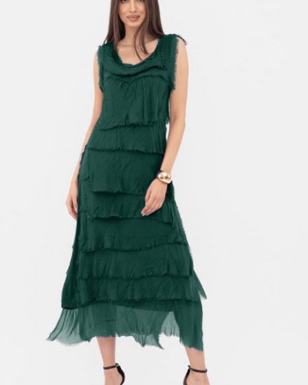 Rochie verde inchis din matase si vascoza cu  volane franjurate suprapuse