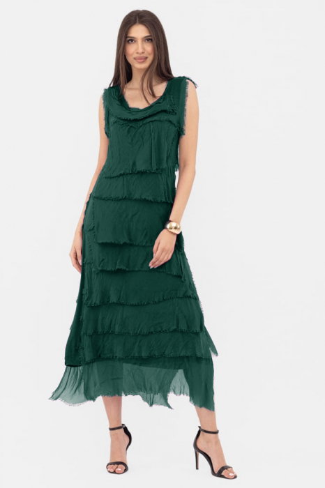 Rochie verde inchis din matase si vascoza cu volane franjurate suprapuse