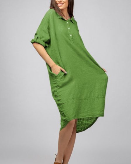 Rochie verde oliv din in Stella Milani cu inel metalic pe spate
