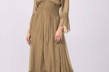 Rochie camel din matase si vascoza cu banda elastica in talie si volane