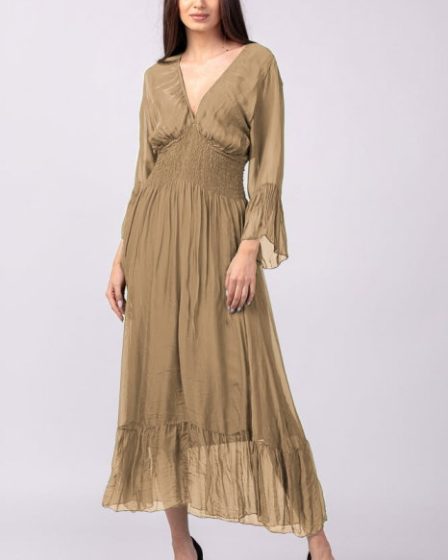 Rochie camel din matase si vascoza cu banda elastica in talie si volane
