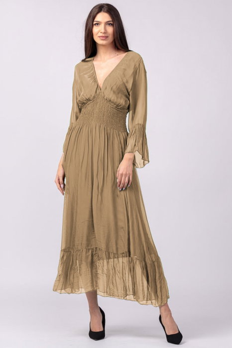 Rochie camel din matase si vascoza cu banda elastica in talie si volane