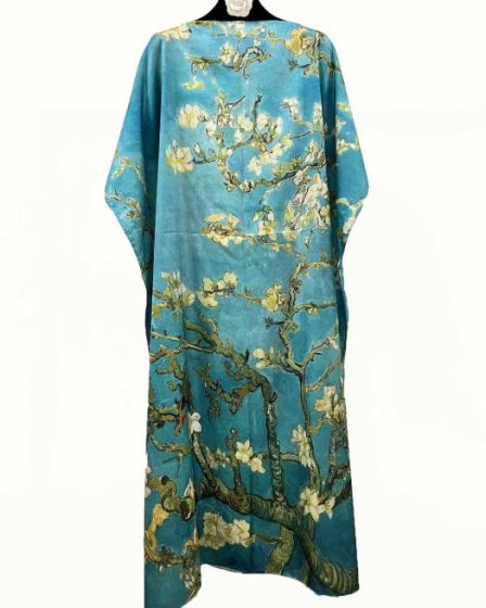 Rochie de plaja lunga tip poncho din matase cu reproducere dupa    Migdal Inflorind   de Van Gogh