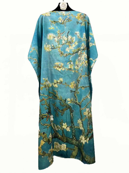 Rochie de plaja lunga tip poncho din matase cu reproducere dupa    Migdal Inflorind   de Van Gogh