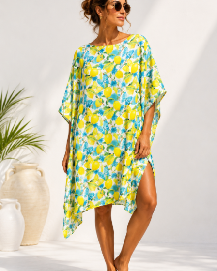 Rochie de plaja tip poncho din matase cu imprimeu mediteranean cu lamai si fluturi