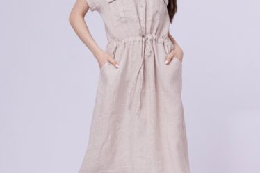 Rochie de vara midi din in cu buzunare si siret in talie