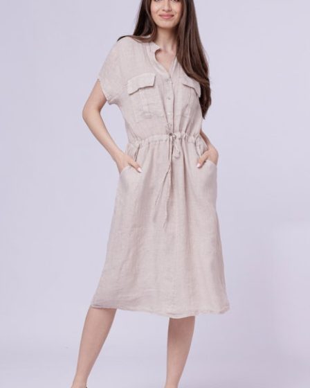 Rochie de vara midi din in cu buzunare si siret in talie