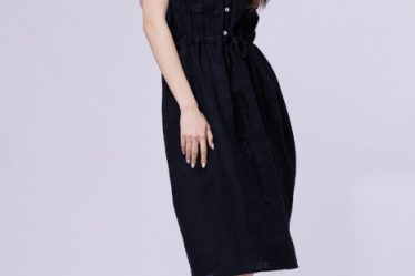 Rochie de vara midi din in cu buzunare si siret in talie